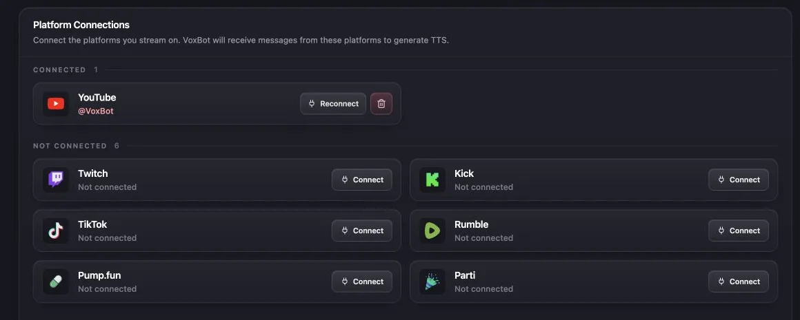 The VoxBot Platform Connections panel showing YouTube, Twitch, Kick, TikTok, Rumble, Pump.fun, and Parti