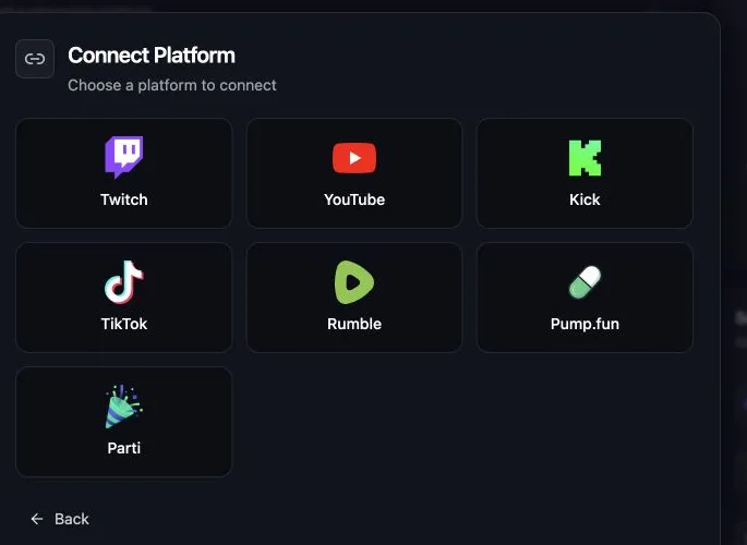 The Connect Platform window showing the seven supported streaming platforms