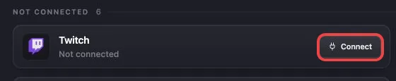 The Twitch row under Not Connected with a red outline around Connect