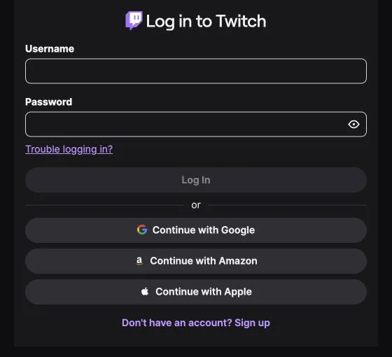 The Twitch login page with username, password, and connected sign-in options